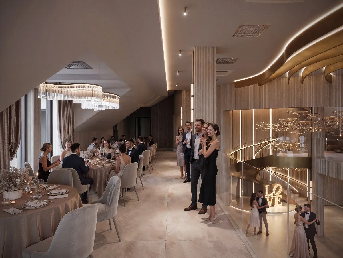 Elegancka sala weselna z antresolą z długimi stołami, ludzie w wieczorowych strojach, dekoracje kwiatowe i oświetlenie LED z napisem LOVE przy spiralnych schodach.