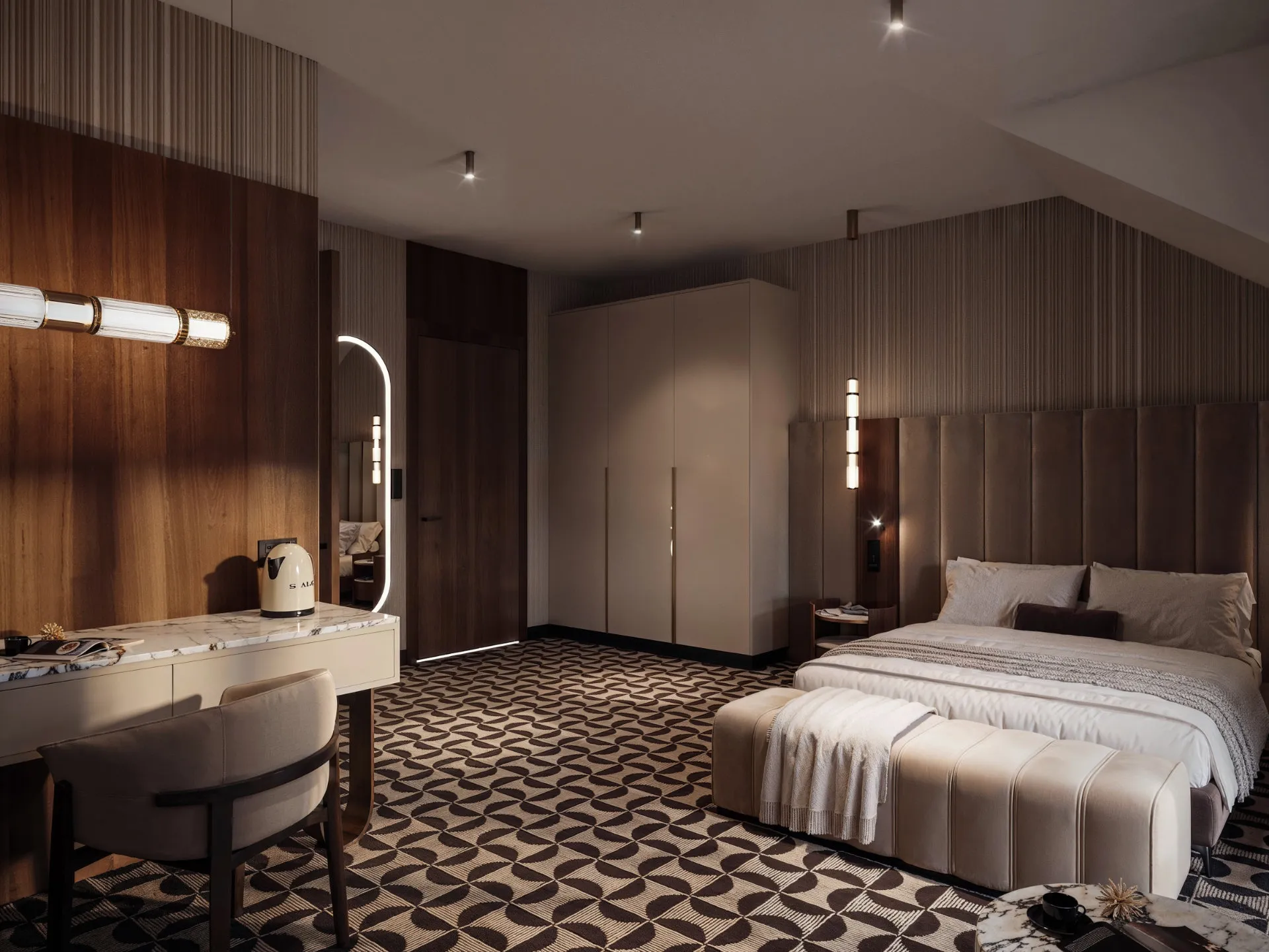Nowoczesny pokój hotelowy dla dwóch osób z łóżkiem, biurkiem z czajnikiem, dużą szafą i wzorzystym dywanem.