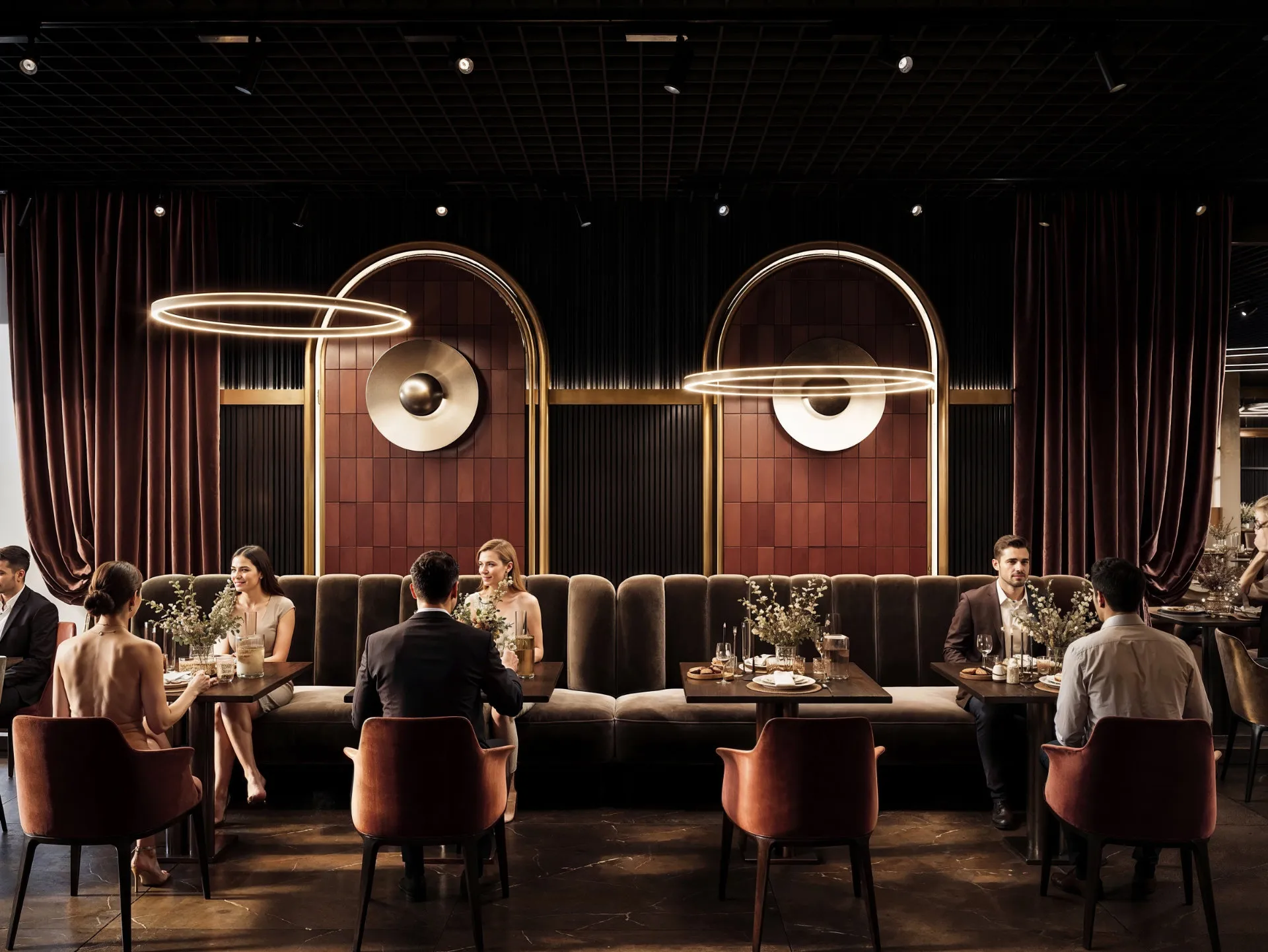 Luksusowa restauracja z gośćmi siedzącymi przy eleganckich stołach, nowoczesne oświetlenie i dekoracja ścian.