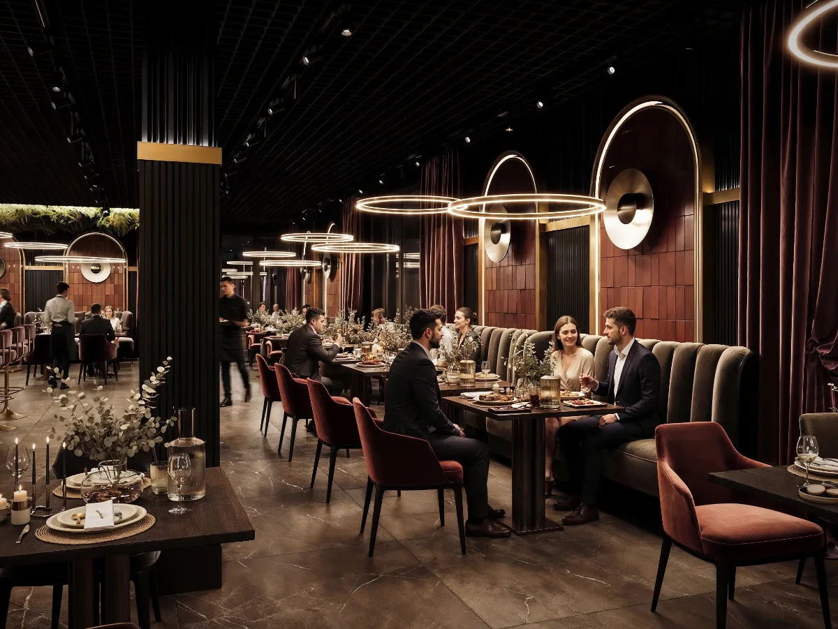 Elegancka restauracja z ludźmi siedzącymi przy stolikach i nowoczesnym oświetleniem pierścieniowym.