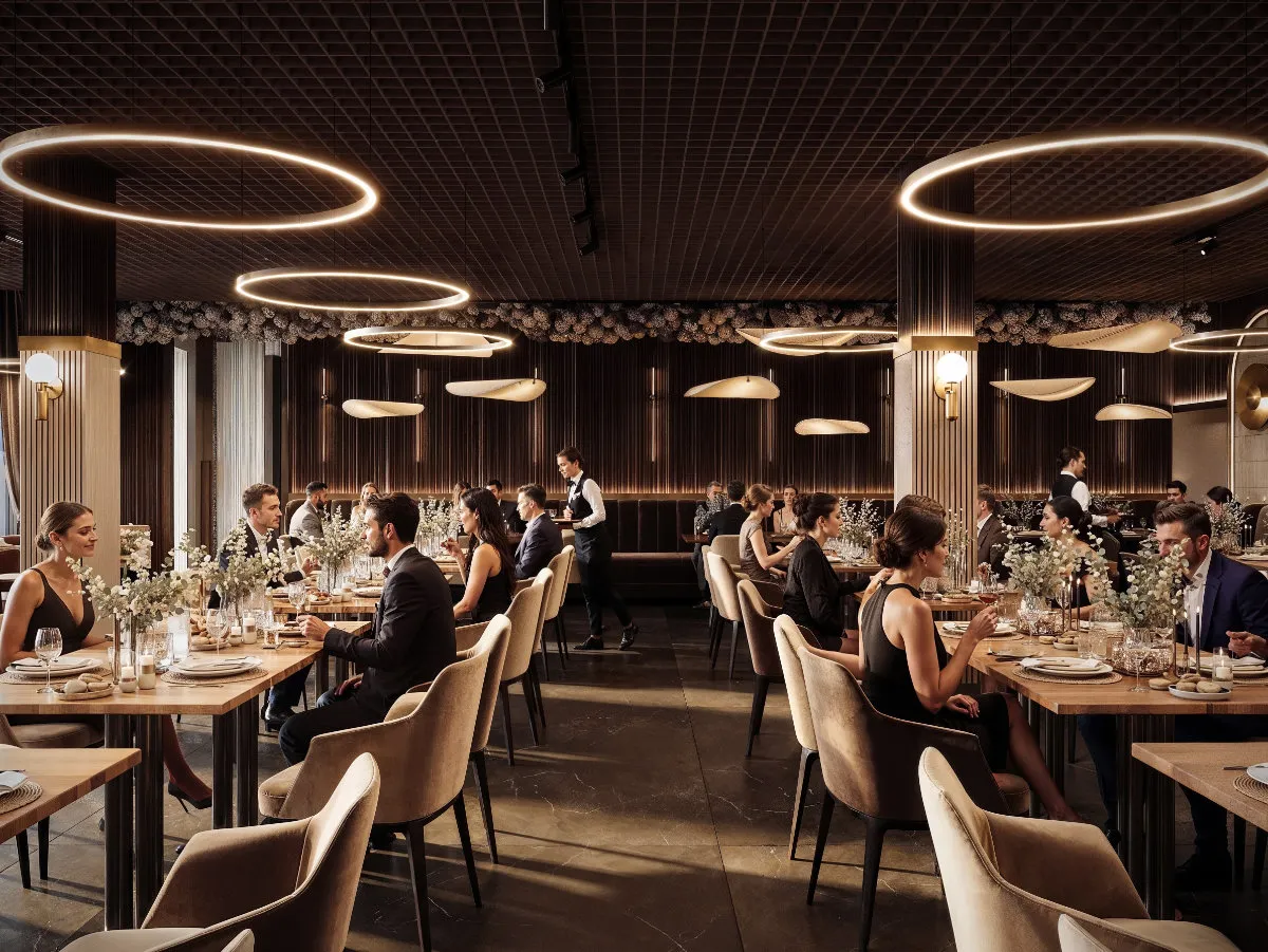 Elegancka sala bankietowa z nowoczesnym oświetleniem i gośćmi ubranymi wieczorowo siedzącymi przy stołach.