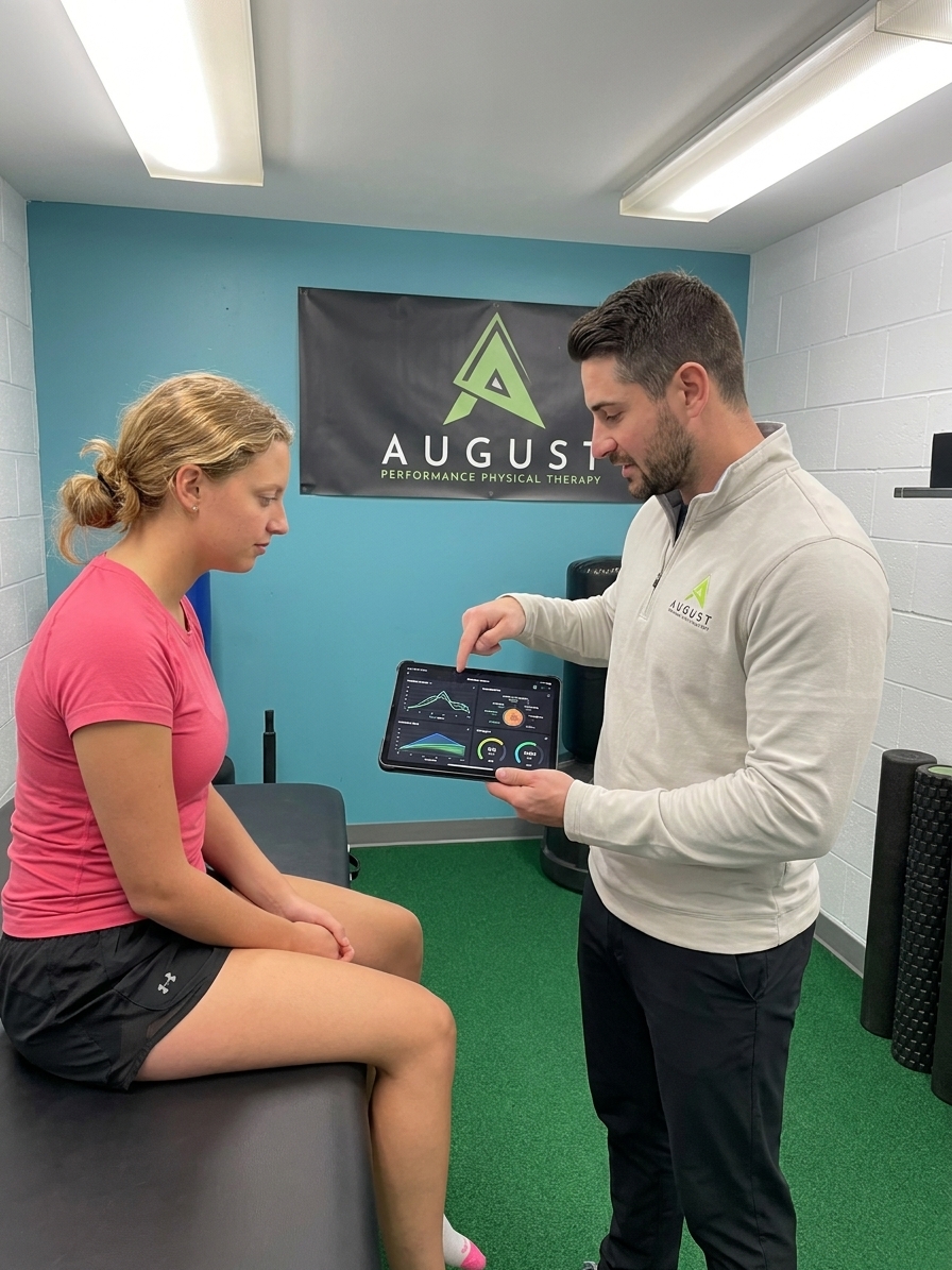 Patient working with a provider at a performance physical therapy clinic in Loveland, OH reviewing return-to-sport testing data