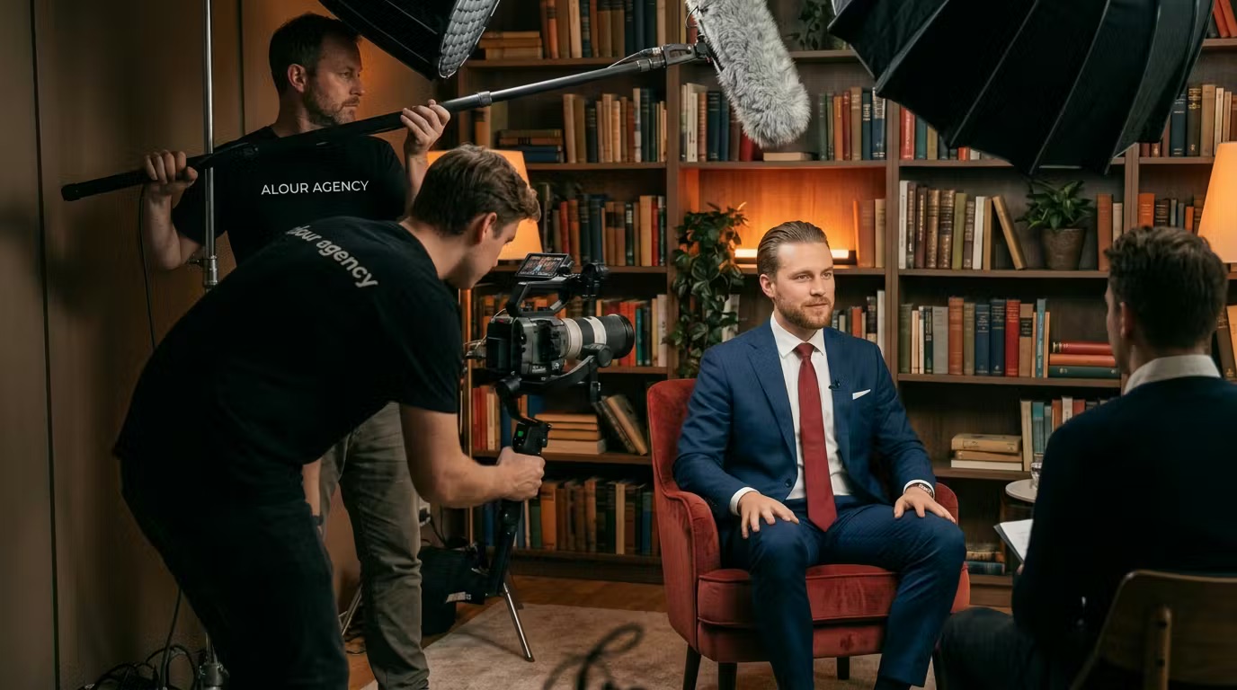 Man in a blue suit and red tie sitting in a red armchair being interviewed on camera in a library setting with crew operating camera and boom microphone.