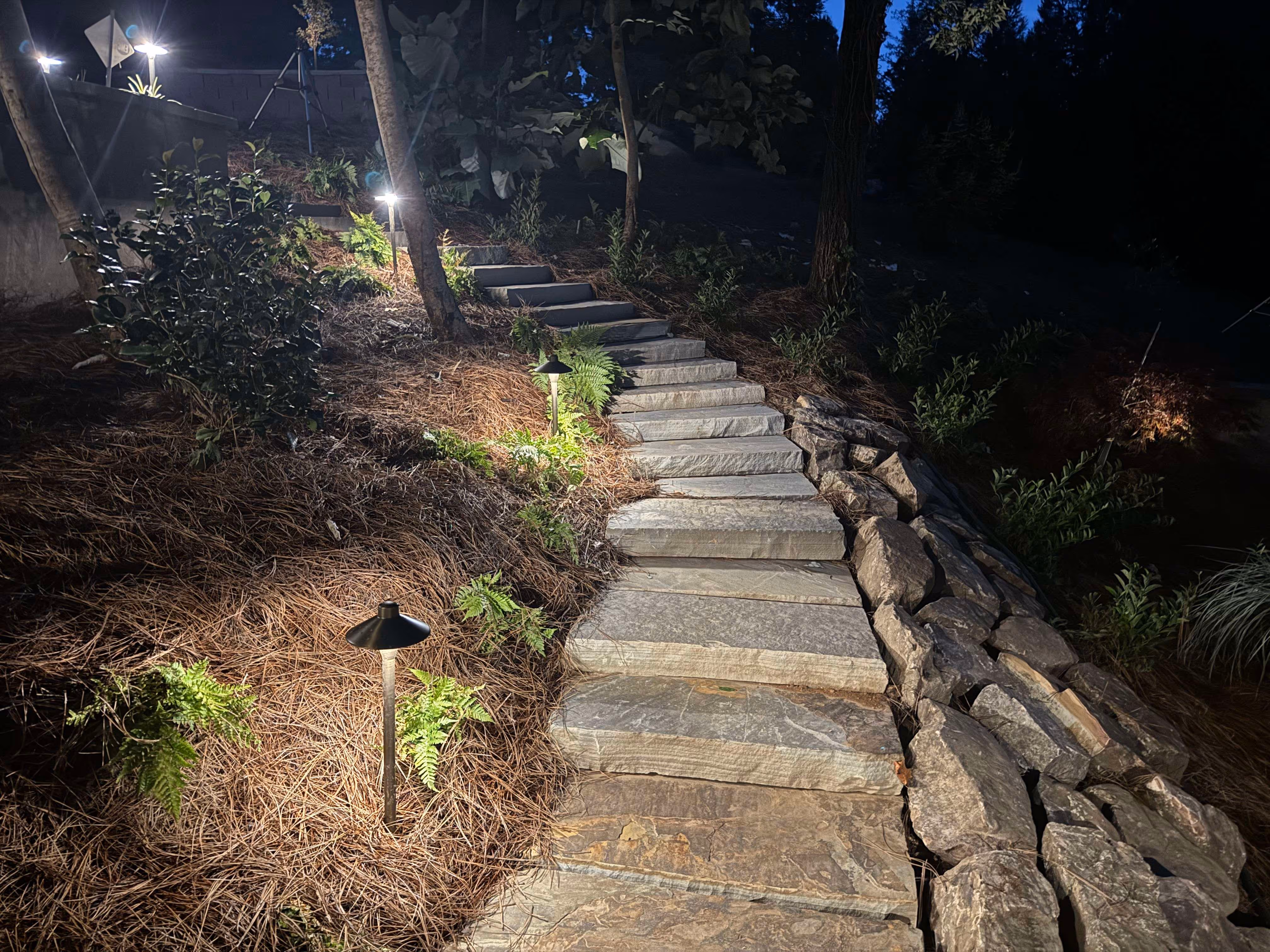 flagstone walkway at night in between pine straw area and boulders