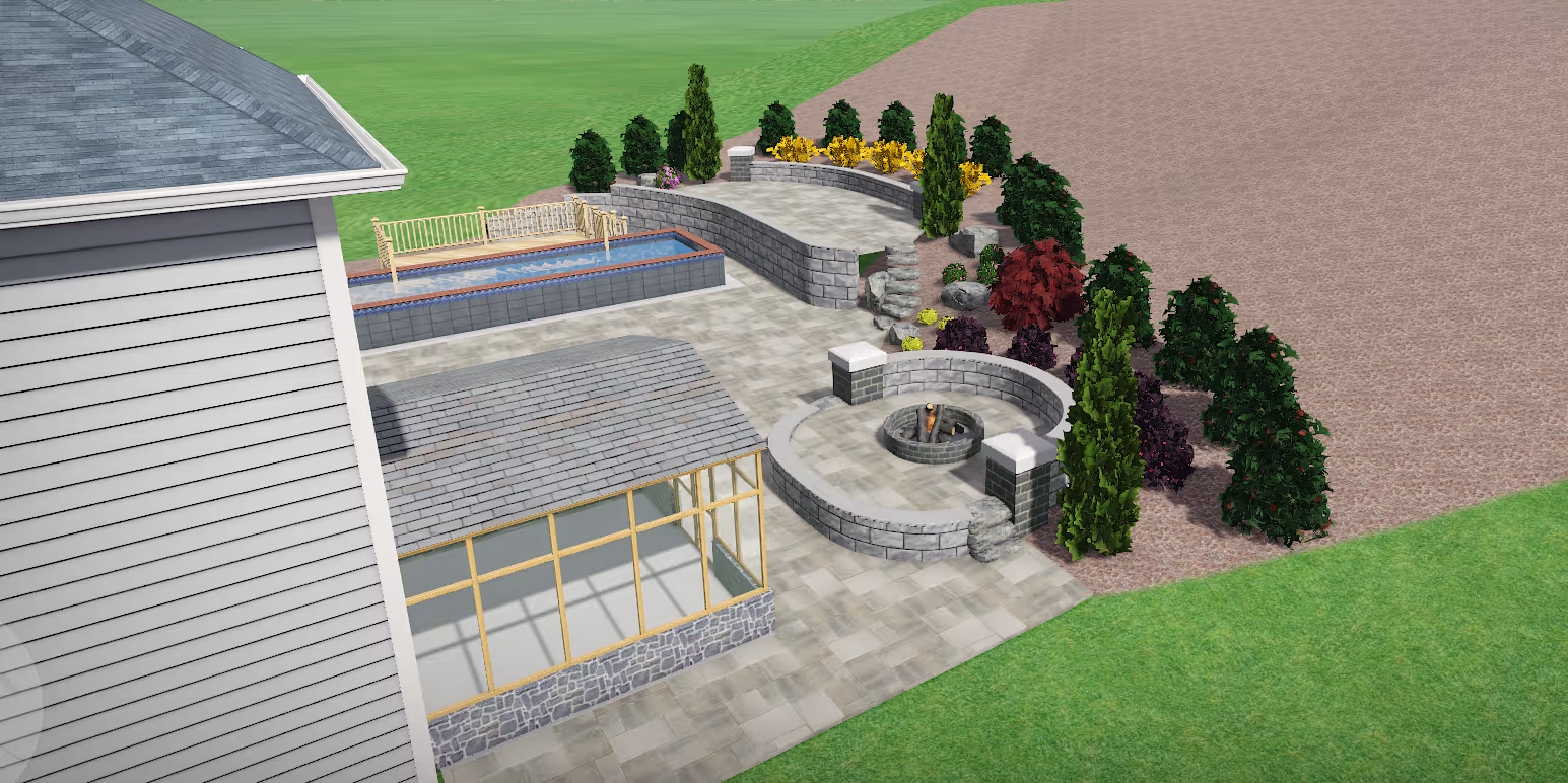 3-D rendering of backyard landscape showing fire pit plants and retaining wall