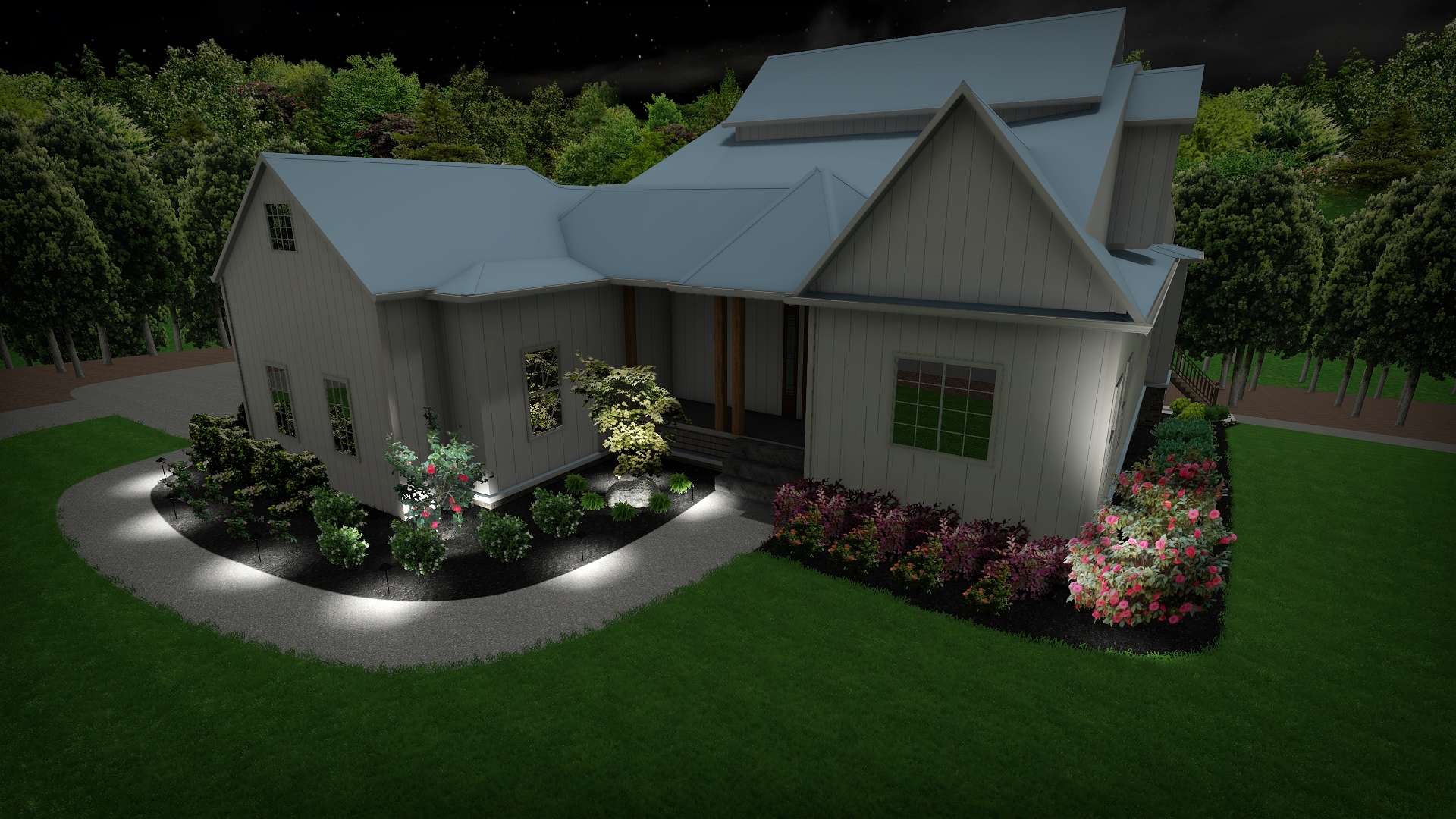 3-D rendering of the front landscape of a home at night showing landscape lighting and yard design