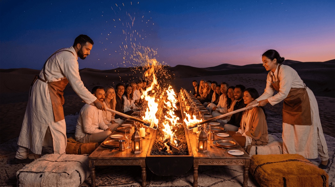 Chefs cooking over an open fire beside a long table on the sand