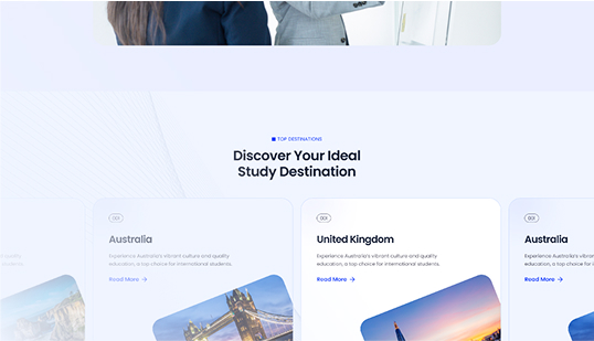 Webpage section titled Discover Your Ideal Study Destination with cards for Australia and United Kingdom.