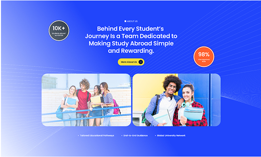 Two photos of smiling diverse students holding books against blue background with study abroad text.