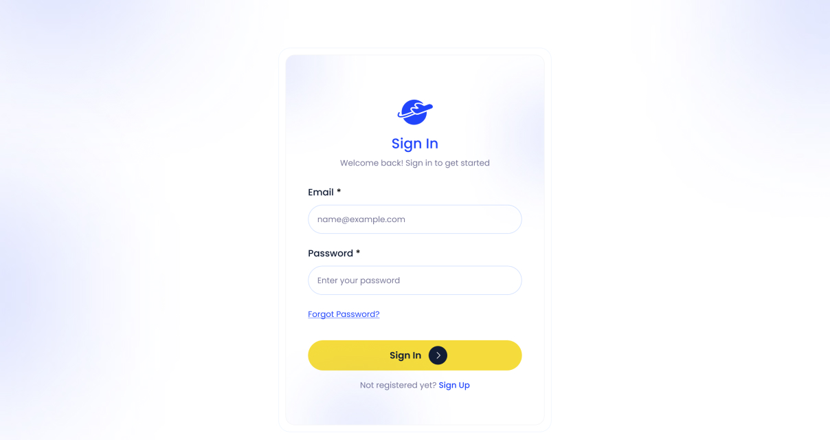 Sign-in form with email and password fields, a yellow sign-in button, and links for password reset and sign up.