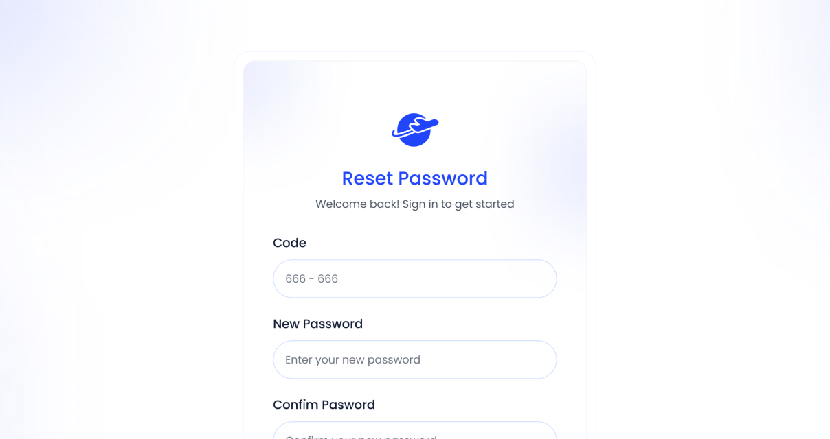 Reset password form with fields for code, new password, and confirm password on a white background.