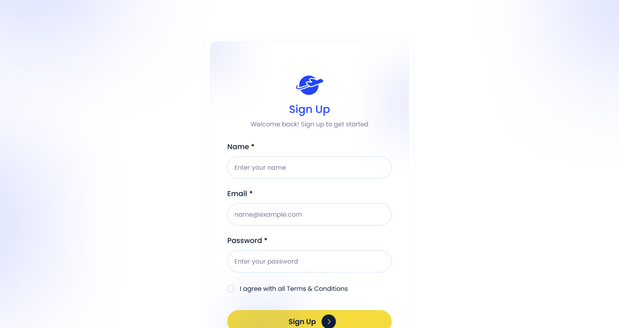 Sign up form with fields for name, email, password, terms agreement, and a yellow sign-up button.