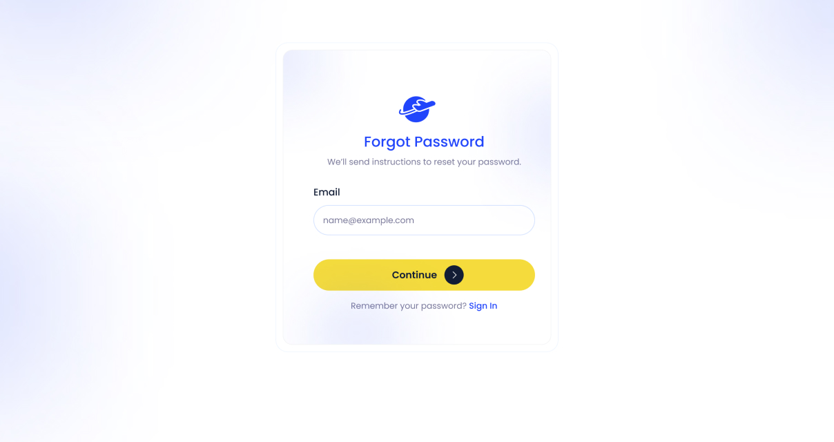Forgot password form with email input and yellow Continue button on a white background.