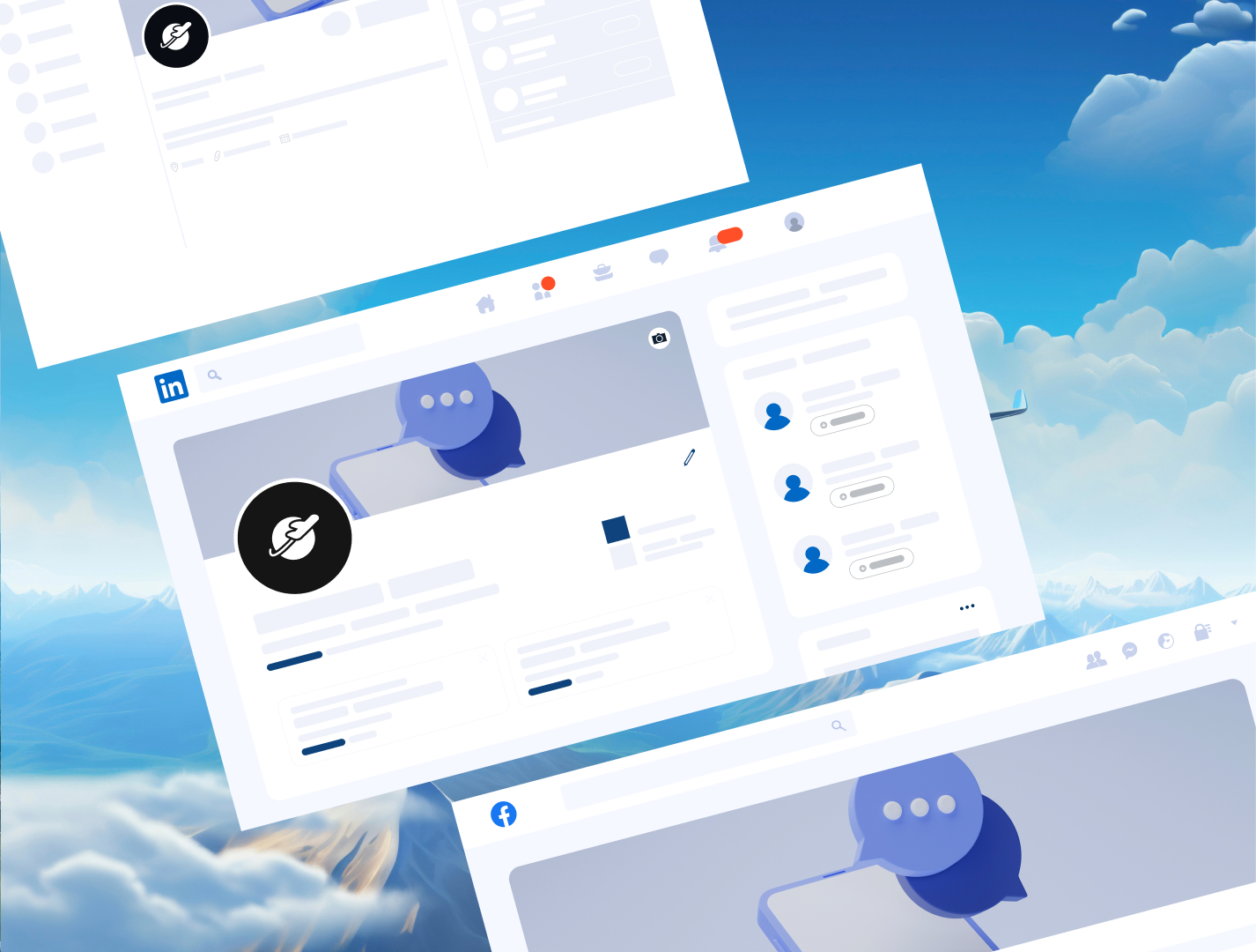 Screenshots of LinkedIn and Facebook profile pages floating against a blue sky with clouds.