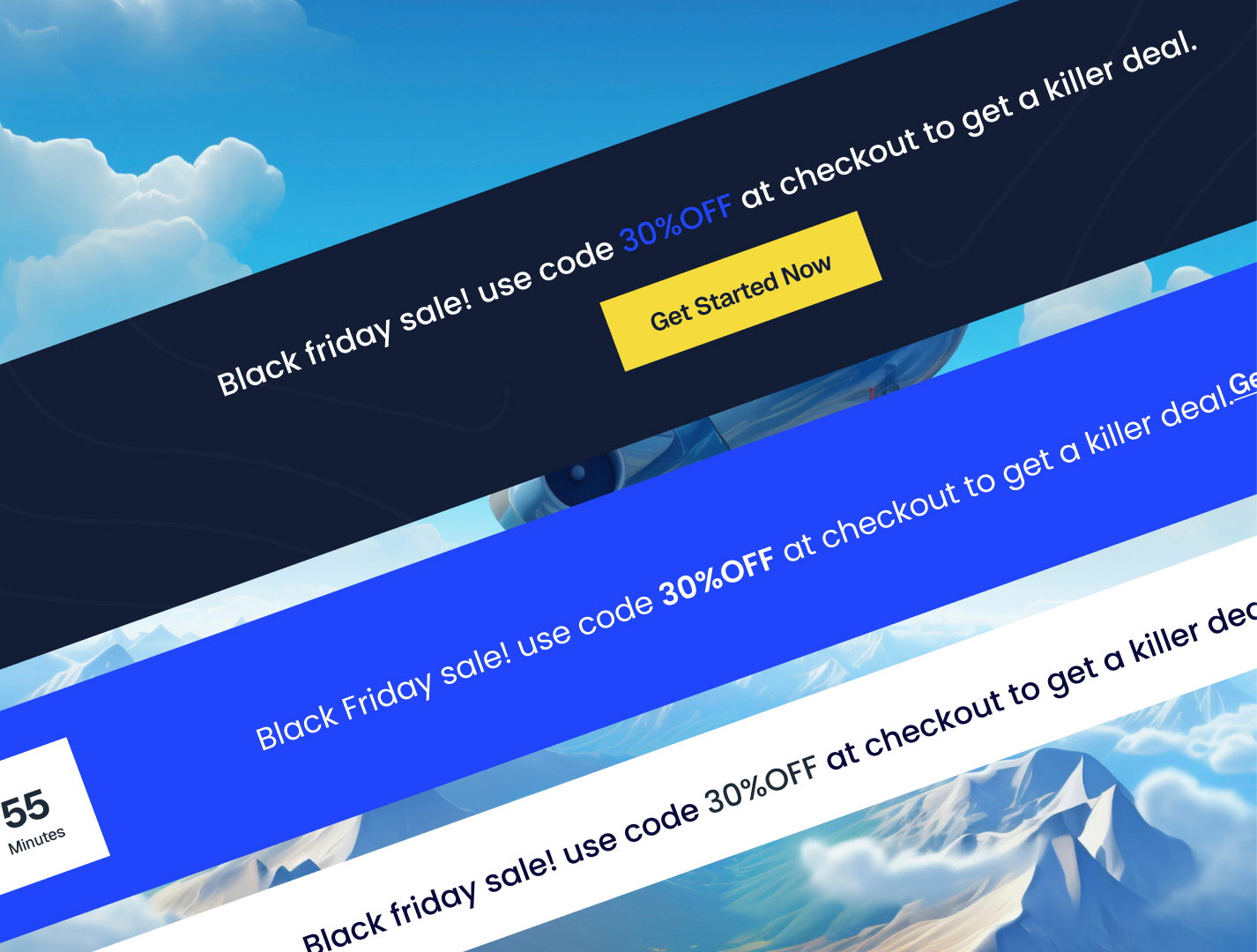 Black Friday sale banner with 30% off code and Get Started Now button over sky and mountain background.