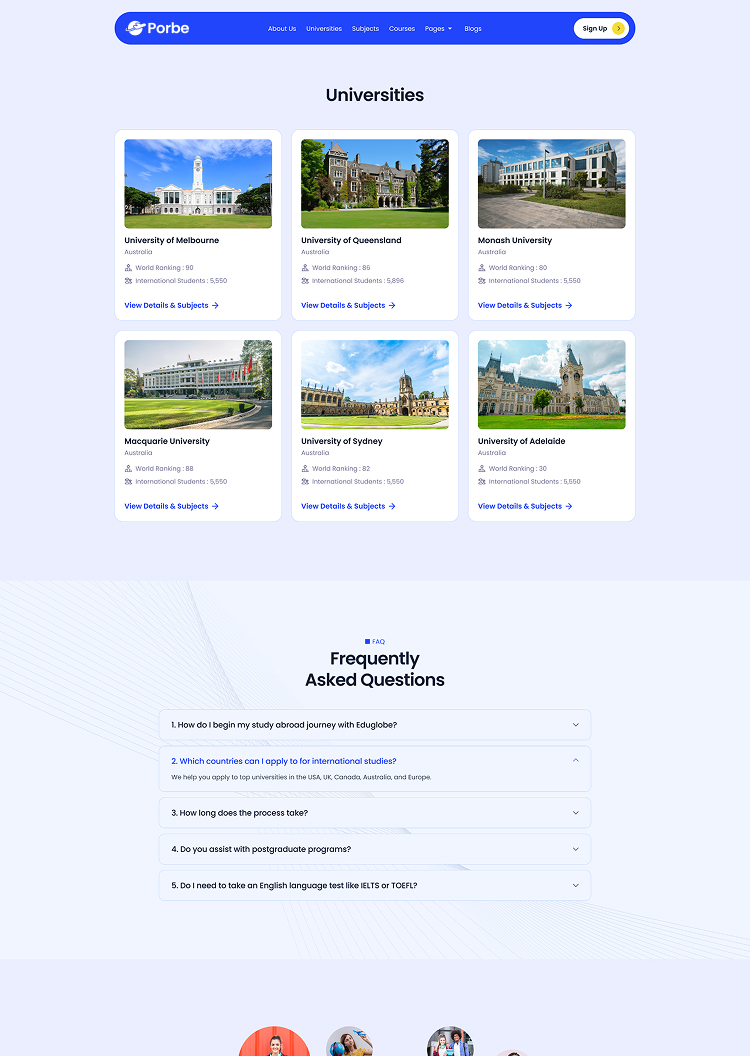 Porbe website section showing top Australian universities and a frequently asked questions area.
