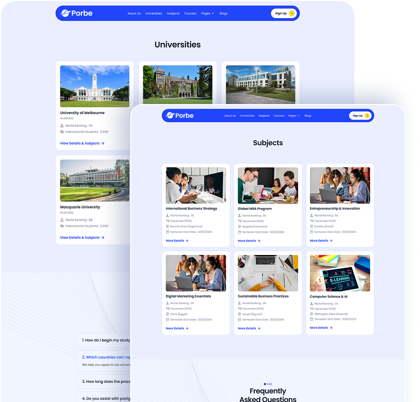 Porbe website interface showing university cards and subject programs with rankings and details.