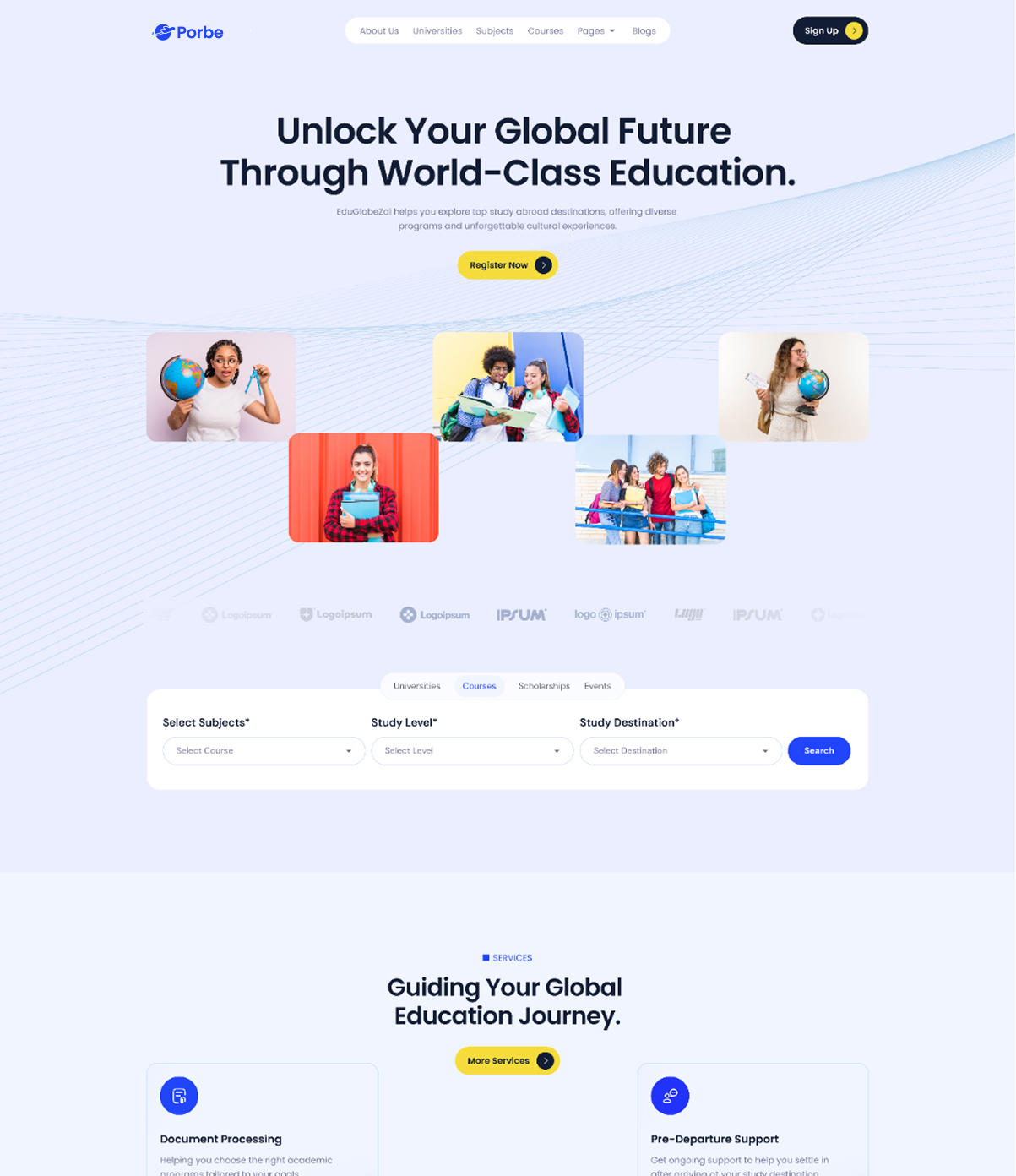 Education website homepage showing global study options, student photos, subject and destination search, and services.