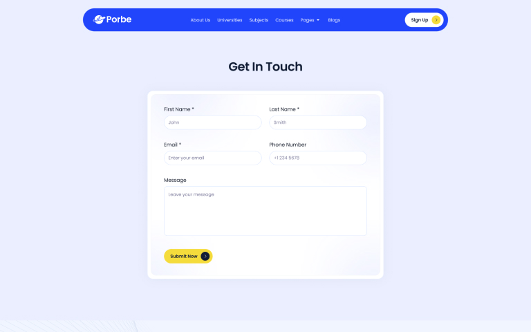 Contact form with fields for first name, last name, email, phone number, and message on Porbe website.