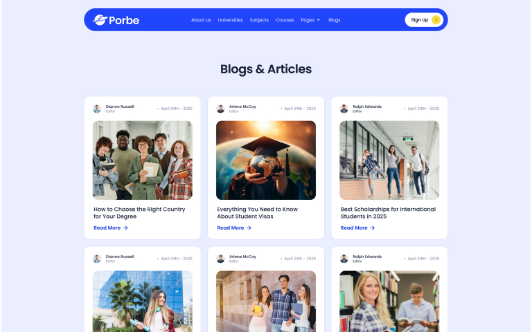 Website blog section showing six article previews with images and titles on education topics.