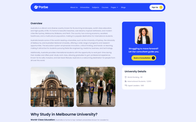Webpage about Australia’s education featuring Melbourne University building and students walking on campus.