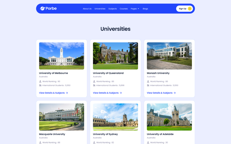 Website page showing six Australian universities with images, rankings, and international student numbers.