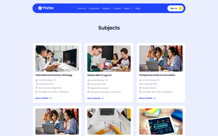 Website section showing six education subjects with images and details of rankings, degrees, and locations.