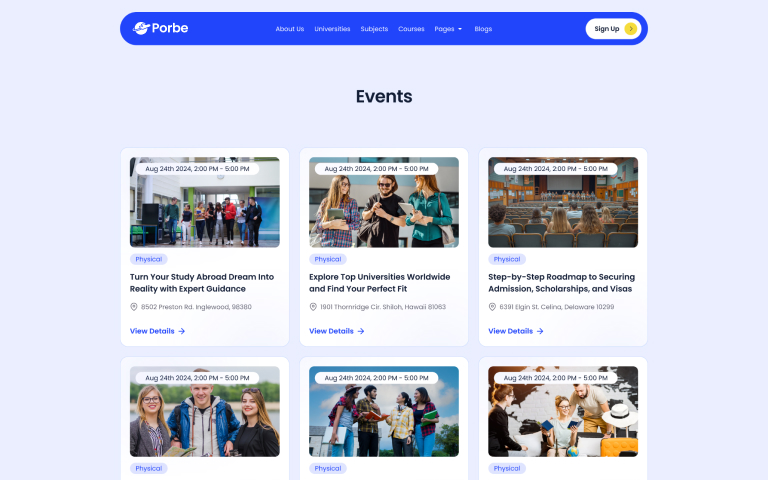 Events page showing six educational event cards with dates, times, and topics on study abroad and admissions.