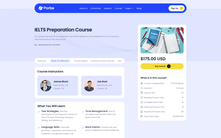 IELTS course page showing instructors, learning outcomes, price, and course details with sign-up button.