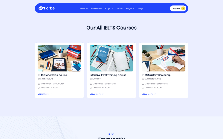 Website section showing three IELTS courses with images of study materials and course details.