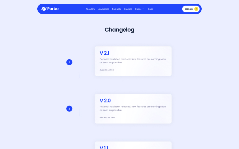 Changelog page showing version 2.1 and 2.0 releases with notes and release dates.