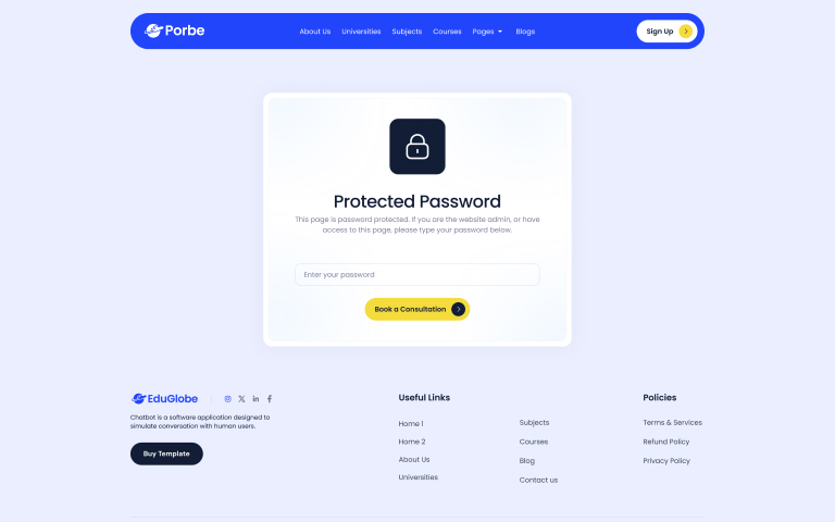 Password protected page asking to enter password with a lock icon and a book consultation button.