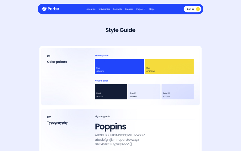 Style guide showing primary colors blue and yellow, neutral colors black and greys, and Poppins font sample.