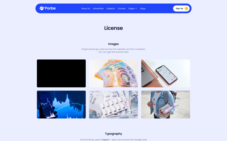 License page with six photos: currency, phone, stock graph, pills on bills, and student holding notebooks.