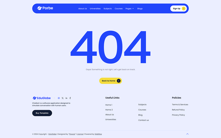404 error page with navigation bar and links, showing message: Something is not right. Get back on track.