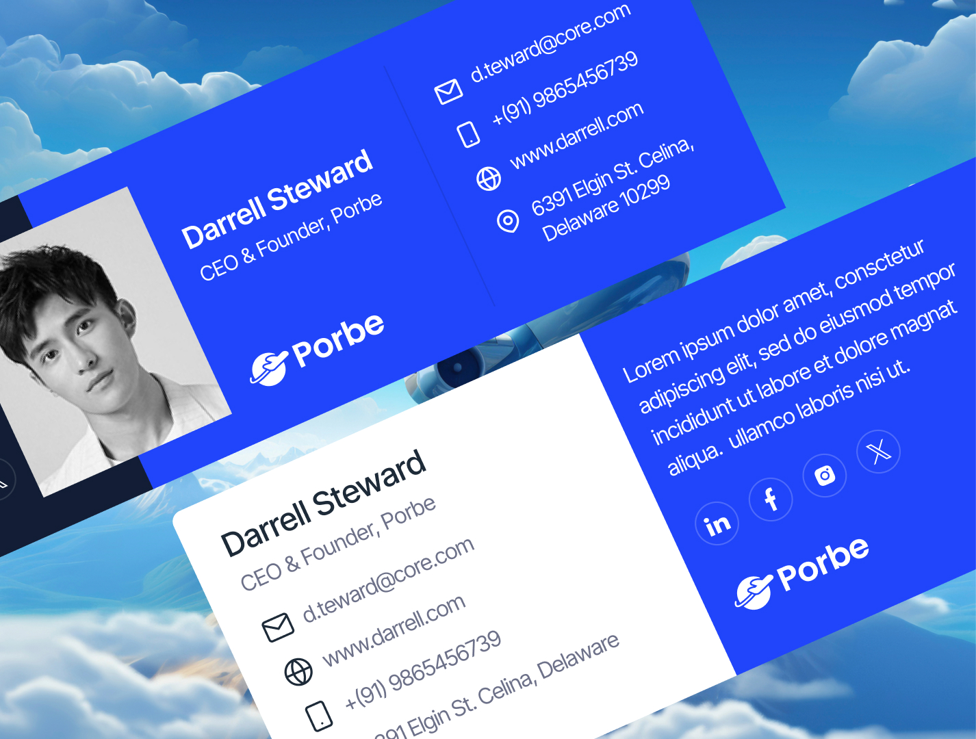 Two versions of Darrell Steward’s business card with photo, title, contact info, and Porbe logo on cloud background.