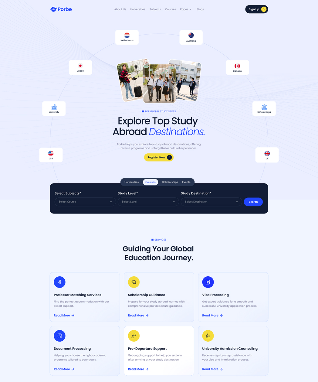 Website page showing top global study abroad destinations and education services with search options.