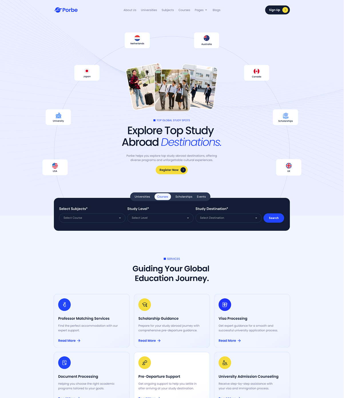 Website homepage offering global study abroad services with country flags, search filters, and guidance options.