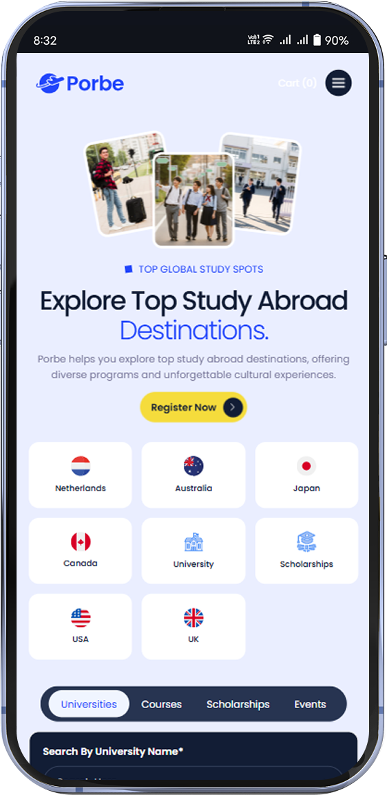 Mobile screen showing Porbe app to explore top study abroad destinations with country and program options.