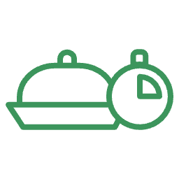 Green icon of a covered serving dish next to a timer or stopwatch.