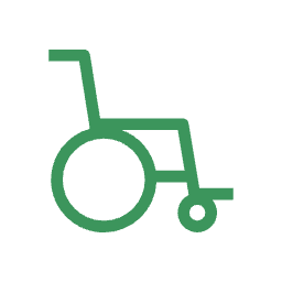 Green icon of a manual wheelchair on a white background.
