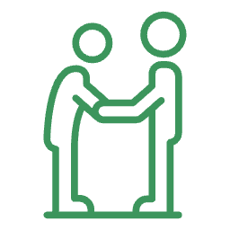 Green outline icon of two people shaking hands.
