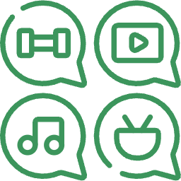 Four green chat bubbles with icons of dumbbell, video play button, music note, and TV screen.