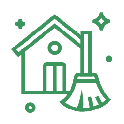 Green icon of a house with a broom and sparkles indicating cleaning or housekeeping.