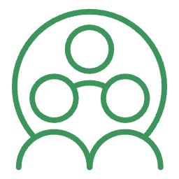 Green outline icon of three people connected in a network or group.