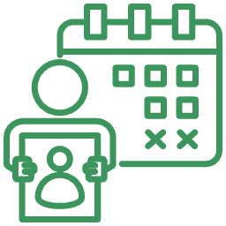 Green calendar with two marked dates and a person icon holding a photo below it.