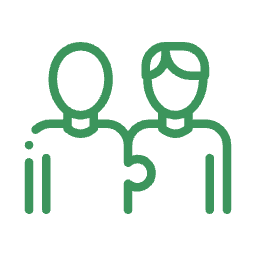 Simple green line drawing of two people standing side by side with arms around shoulders.