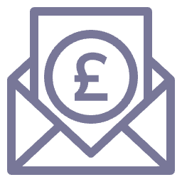 Icon of an open envelope with a circle showing the British pound currency symbol inside.