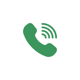 Green phone handset with signal waves icon inside a white circle.