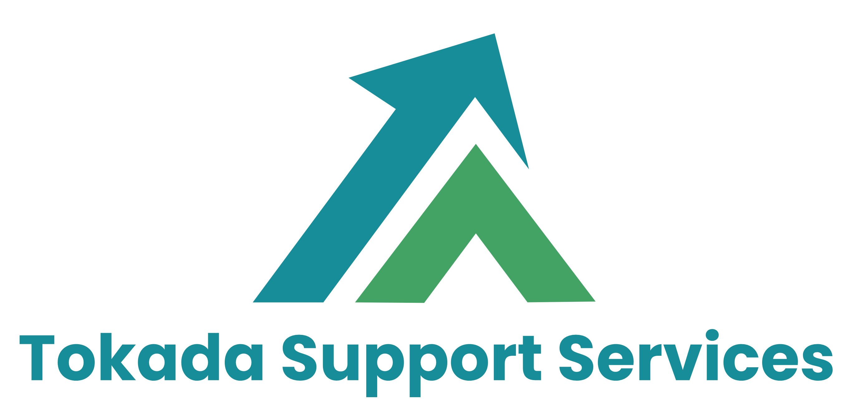 Logo with upward arrows in blue and green above the text Tokada Support Services.